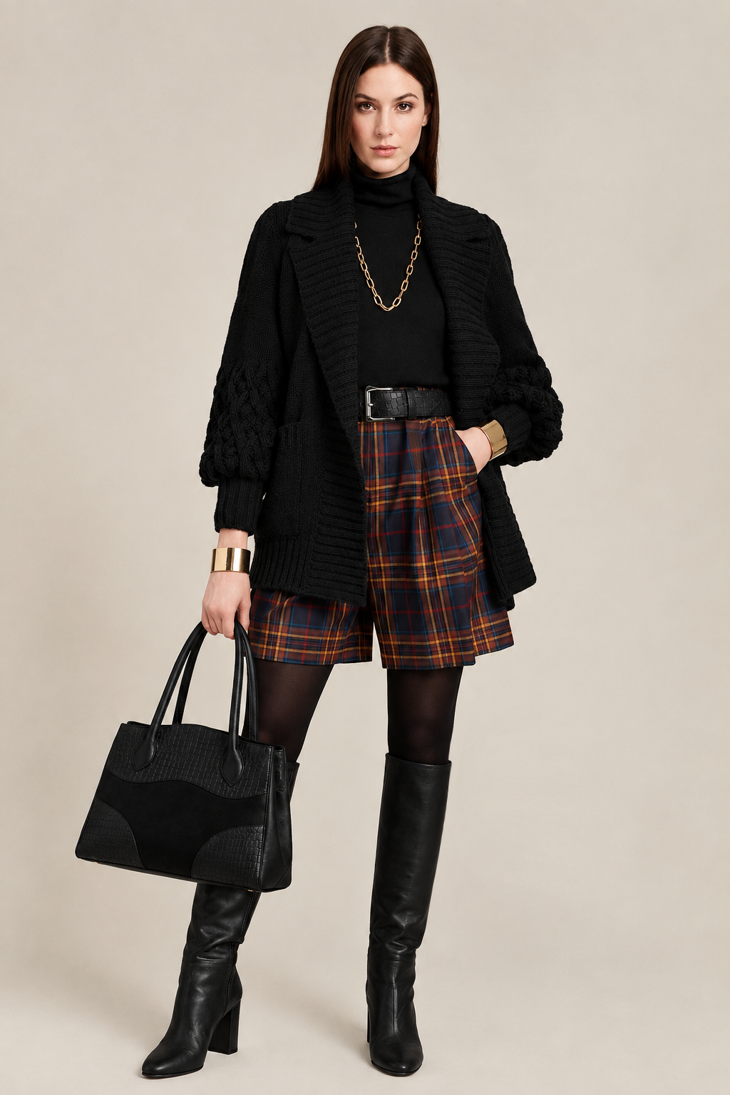 Women's black custom-made classic knee-high boots with round toe and high block heel- Top view